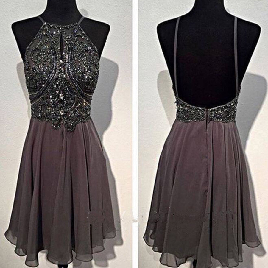 Dark grey sparkly special vintage open back sexy popular homecoming Formal Prom Dress