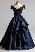 Dark Navy A-Line V Neck Satin Long Prom Dress Simple Applique Prom Dress