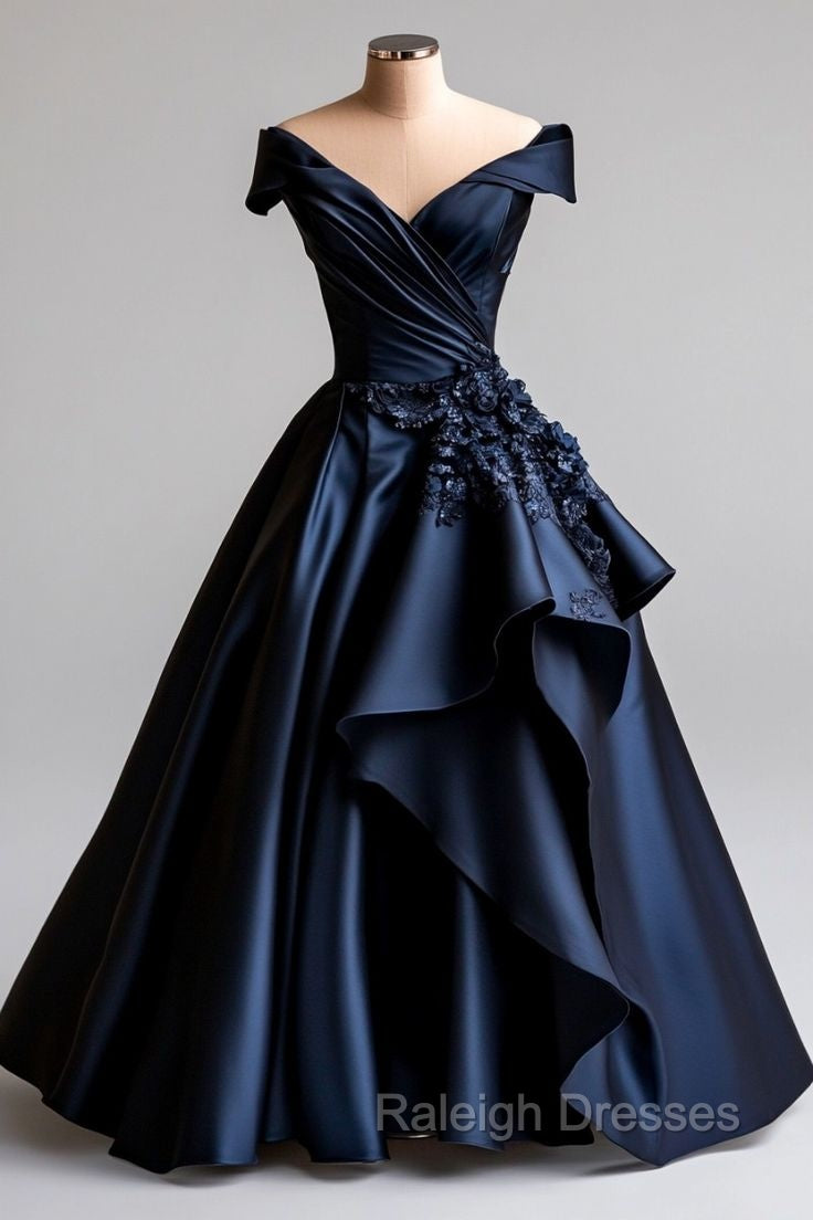 Dark Navy A-Line V Neck Satin Long Prom Dress Simple Applique Prom Dress
