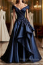 Dark Navy A-Line V Neck Satin Long Prom Dress Simple Applique Prom Dress