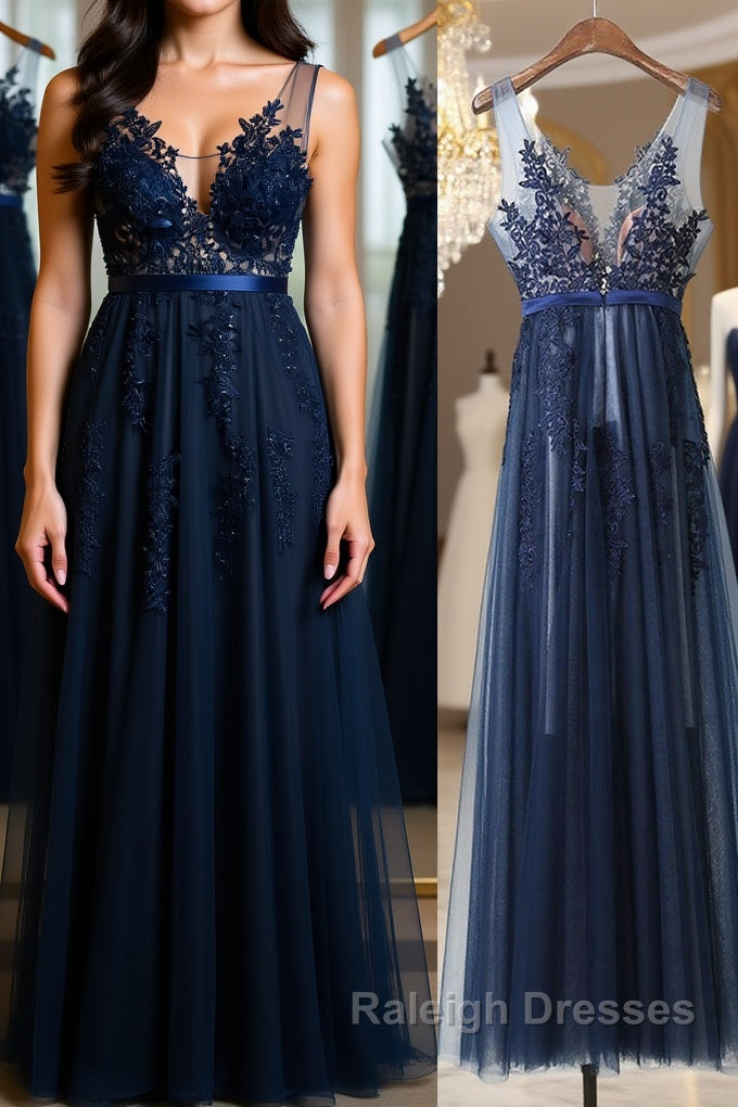 Dark Navy Blue Lace Prom Dresses, Dark Navy Blue Lace Formal Bridesmaid Dresses Main image