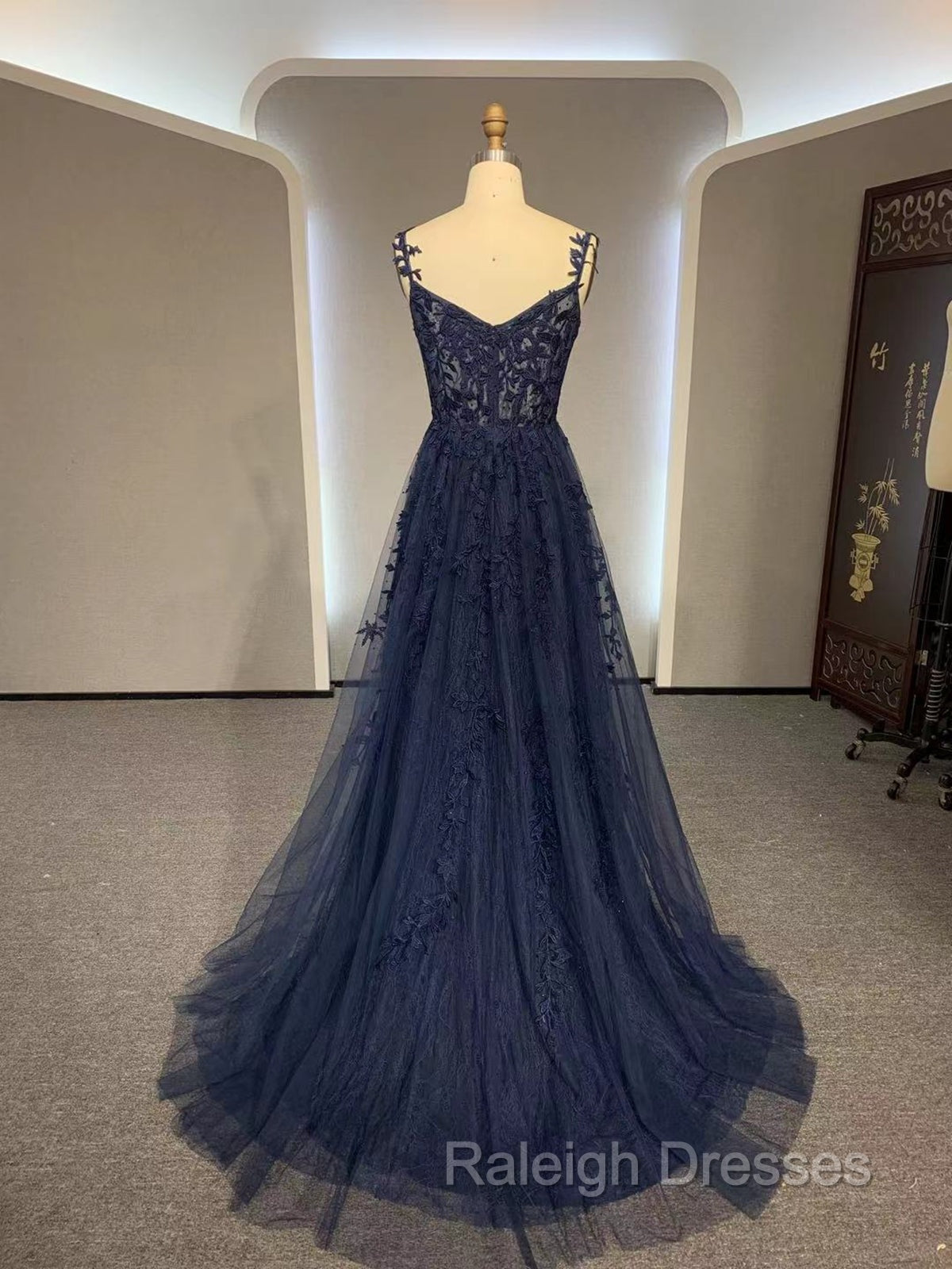 Dark Navy Blue Long Lace Prom Dresses, Dark Navy Blue Long Lace Formal Evening Dresses
