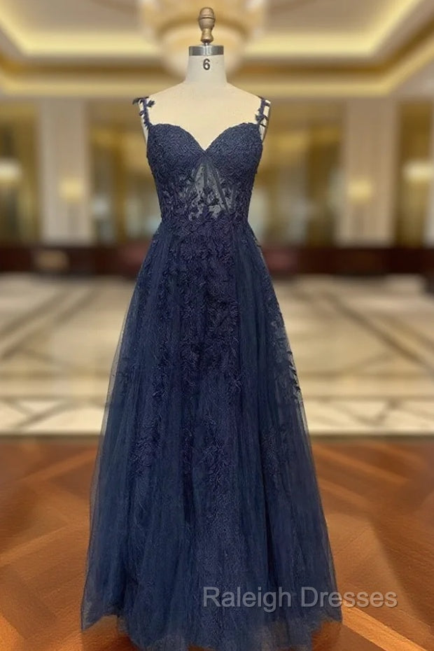Dark Navy Blue Long Lace Prom Dresses, Dark Navy Blue Long Lace Formal Evening Dresses Main image