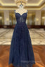 Dark Navy Blue Long Lace Prom Dresses, Dark Navy Blue Long Lace Formal Evening Dresses