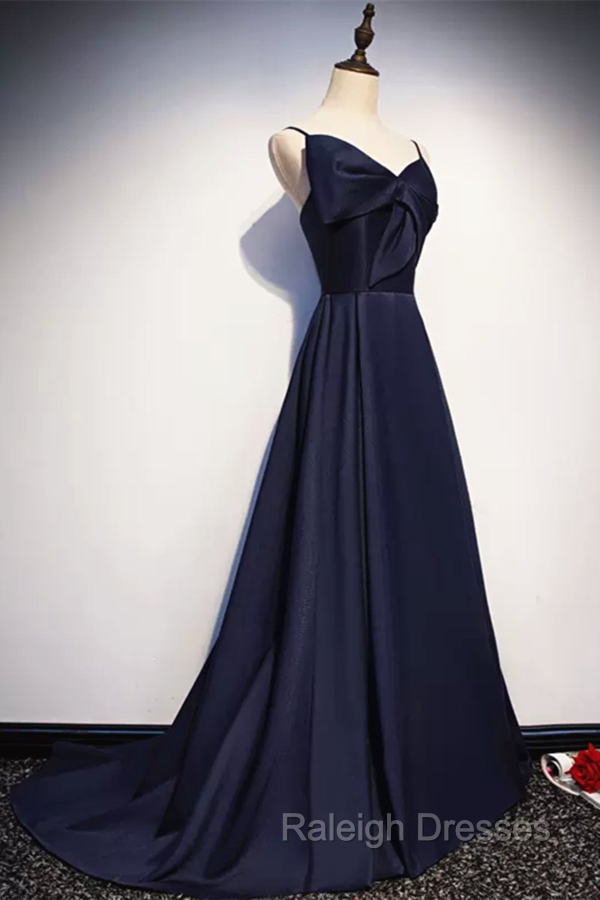 Dark Navy Blue Long Satin Prom Dresses, Dark Navy Blue Long Formal Evening Dresses Secondary image