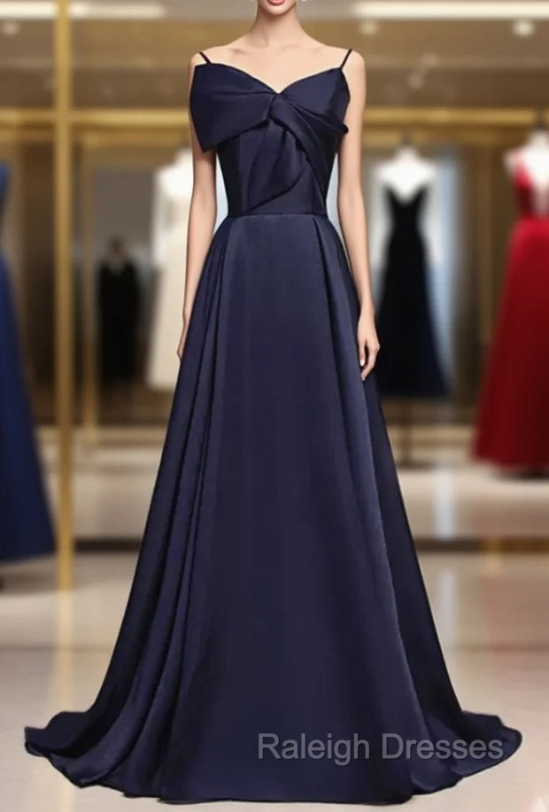 Dark Navy Blue Long Satin Prom Dresses, Dark Navy Blue Long Formal Evening Dresses Main image