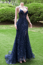 Dark Navy Blue Prom Dresses Long Sequins Mermaid Women Tulle Prom Dresses Spaghetti Straps