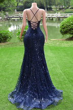 Dark Navy Blue Prom Dresses  Long Sequins Mermaid Women Tulle Evening Dresses Spaghetti Straps