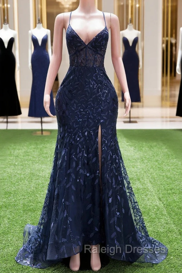 Dark Navy Blue Prom Dresses  Long Sequins Mermaid Women Tulle Evening Dresses Spaghetti Straps Main image