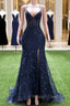 Dark Navy Blue Prom Dresses  Long Sequins Mermaid Women Tulle Evening Dresses Spaghetti Straps