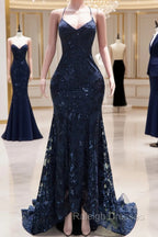 Dark Navy Blue Prom Dresses Sequins Mermaid Tulle Long Evening Dresses Spaghetti Straps