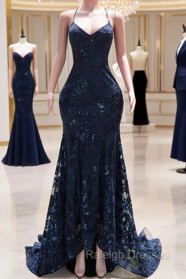 Dark Navy Blue Prom Dresses Sequins Mermaid Tulle Long Prom Dresses Spaghetti Straps