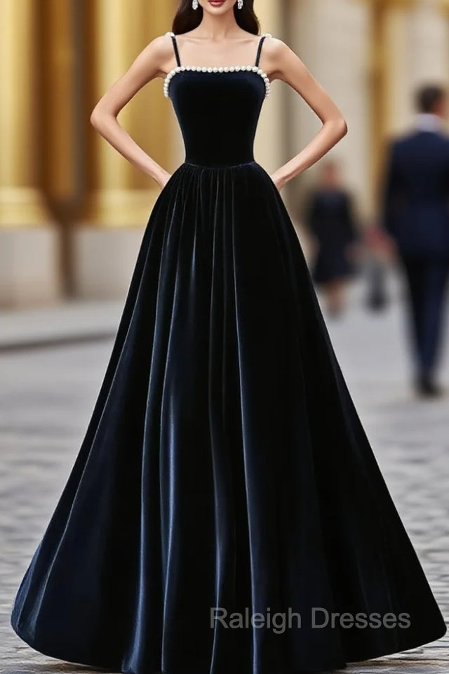 Dark Navy Blue Velvet Long Prom Dresses, Dark Navy Blue Velvet Long Formal Evening Dresses Main image