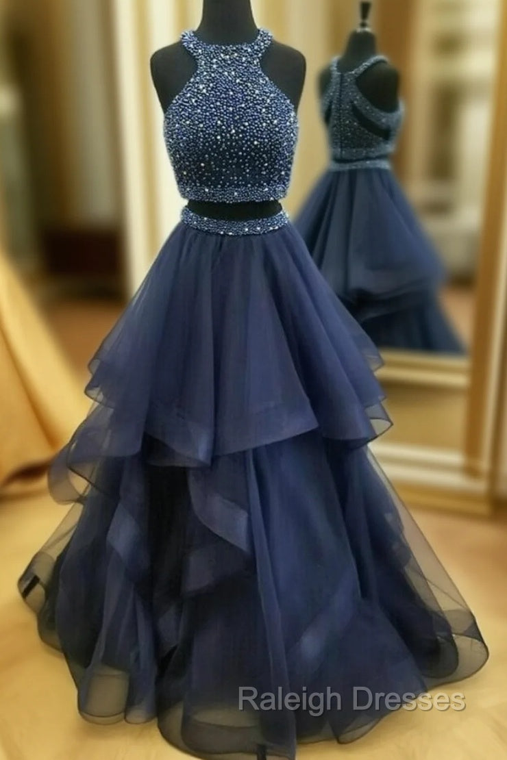 Dark Navy Halter Two Piece High Neck Tulle Beading Prom Dress