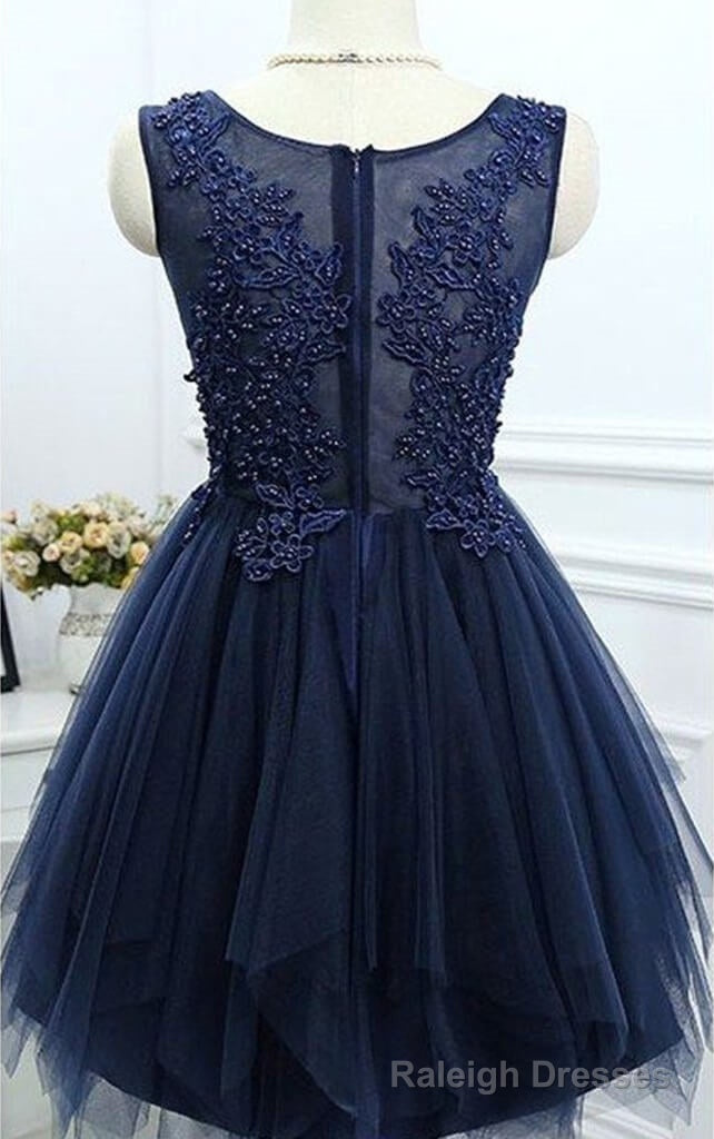 Dark Navy Jewel Sleeveless Homecoming Dresses,Appliques Beading A Line Tulle Semi Formal Dress Secondary image