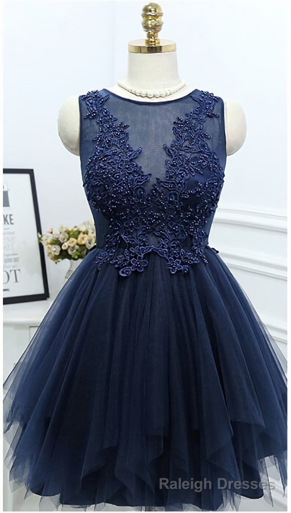 Dark Navy Jewel Sleeveless Homecoming Dresses,Appliques Beading A Line Tulle Semi Formal Dress Main image