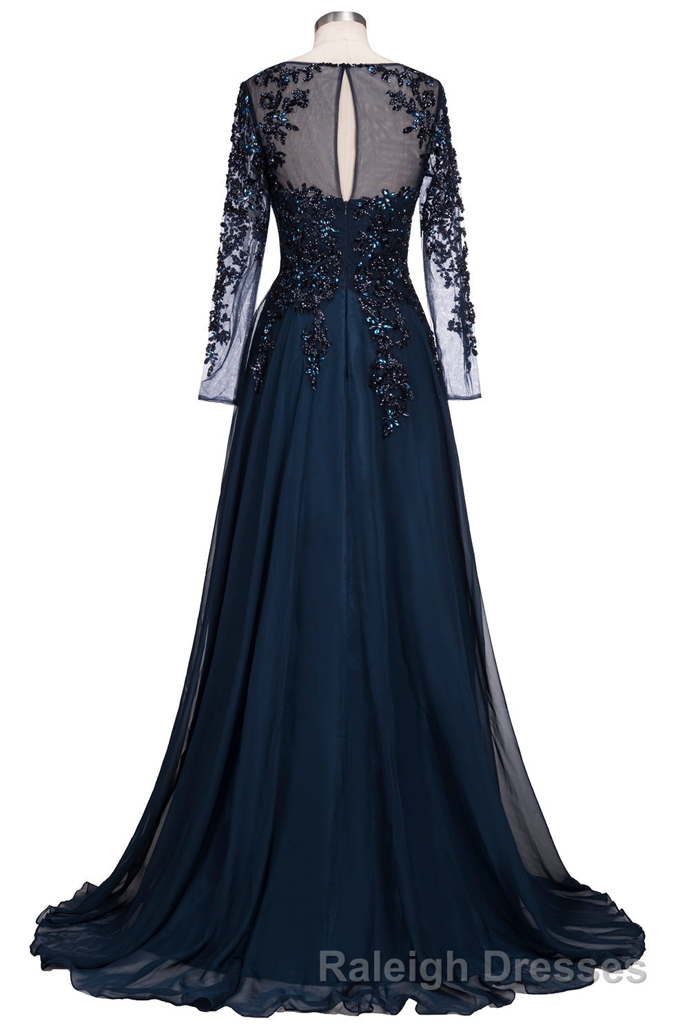 Dark Navy Long A-line Jewel Tulle Formal Evening Dresses with Sleeves Secondary image