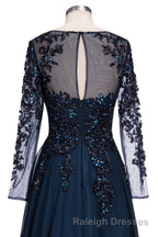 Dark Navy Long A Line Jewel Tulle Prom Dress with Sleeves