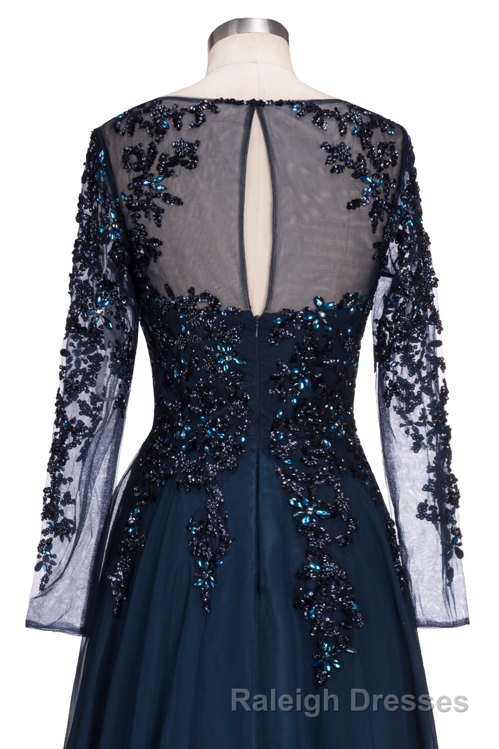 Dark Navy Long A Line Jewel Tulle Prom Dress with Sleeves