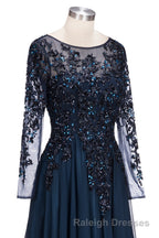 Dark Navy Long A-line Jewel Tulle Formal Evening Dresses with Sleeves