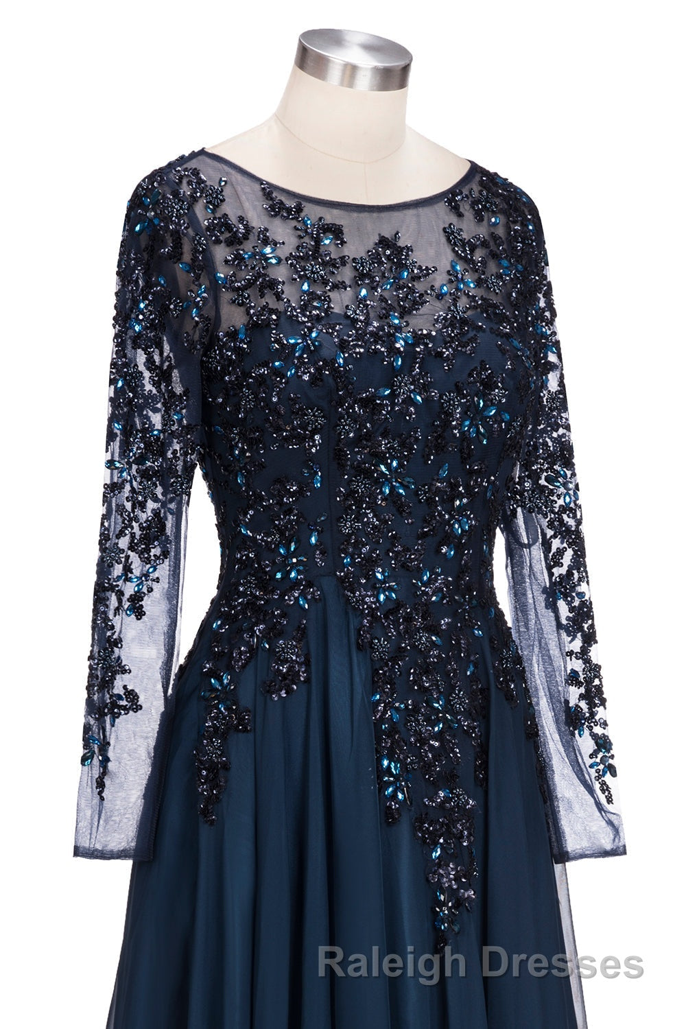 Dark Navy Long A-line Jewel Tulle Formal Evening Dresses with Sleeves