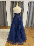 Dark Navy Long A Line Tulle Lace Backless Prom Dress