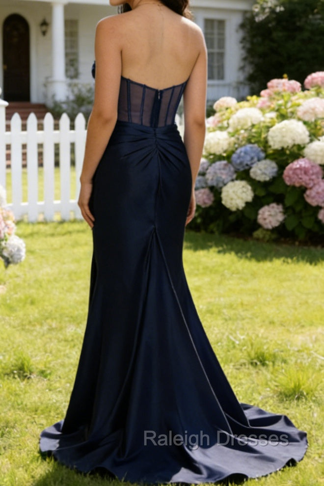 Dark Navy Mermaid Strapless Pleated Corset Long Prom Dress with Slit