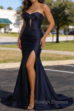 Dark Navy Mermaid Sweetheart Corset Prom Dresses Long with Slit