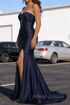 Dark Navy Mermaid Sweetheart Corset Prom Dresses Long with Slit