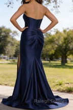 Dark Navy Mermaid Sweetheart Corset Prom Dresses Long with Slit