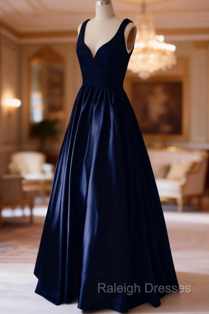 Dark Navy Prom Dresses, A-line/Princess V Neck Sleeveless Long/Floor-Length Satin Prom Dress
