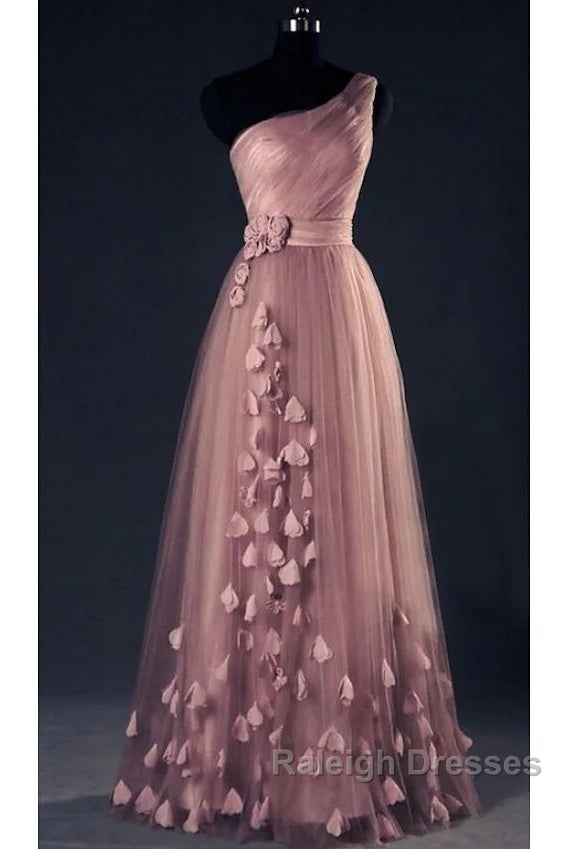 Dark Pink One Shoulder Flowers Tulle Bridesmaid Dresses, A-Line Pink Prom Dresses Secondary image
