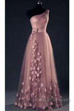 Dark Pink One Shoulder Flowers Tulle Bridesmaid Dresses, A-Line Pink Prom Dresses