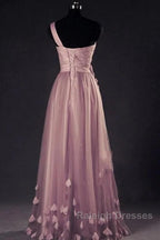 Dark Pink One Shoulder Flowers Tulle Bridesmaid Dresses, A-Line Pink Prom Dresses