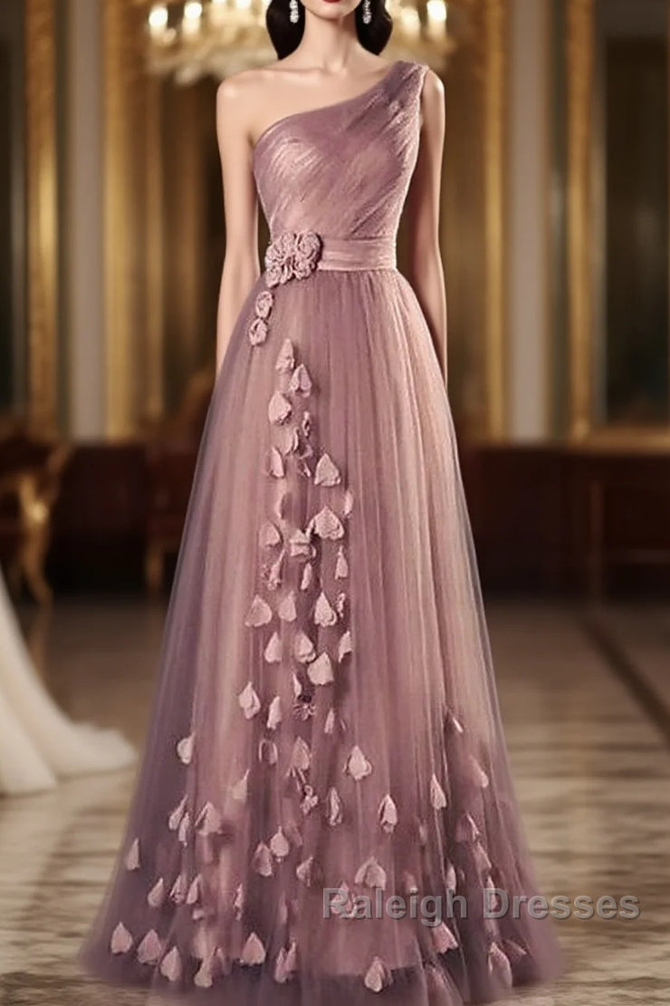 Dark Pink One Shoulder Flowers Tulle Bridesmaid Dress A-Line Pink Prom Dress