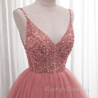 Dark Pink Sequins V Neckline Straps Long Prom Dress, Tulle Pink Prom Dress
