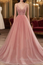 Dark Pink Sequins V Neckline Straps Long Prom Dress, Tulle Pink Prom Dress