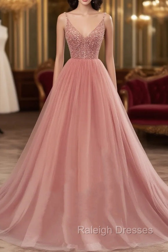 Dark Pink Sequins V Neckline Straps Long Prom Dress, Tulle Pink Prom Dress
