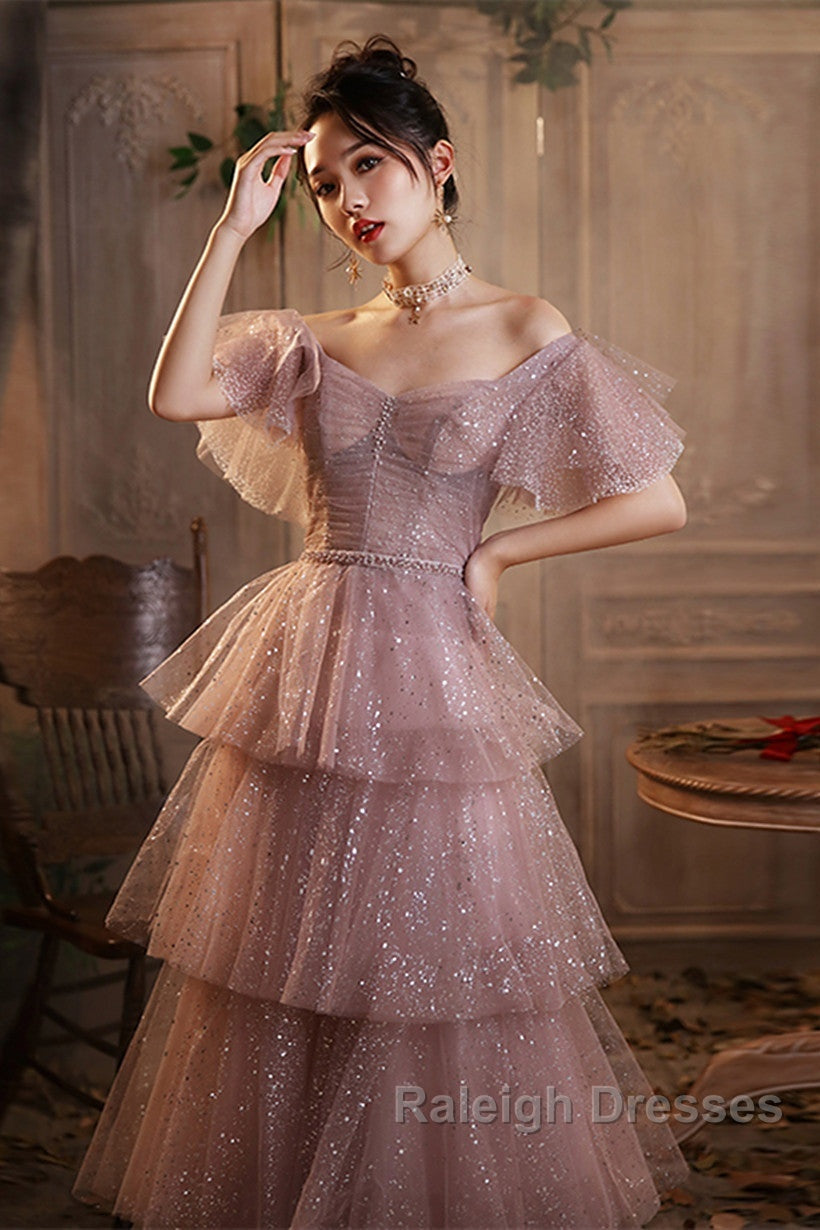 Dark Pink Shiny Tulle Short Sleeves Prom Dresses Beaded Pink Tulle Prom Dresses Secondary image