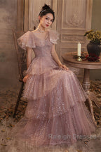 Dark Pink Shiny Tulle Short Sleeves Prom Dresses Beaded Pink Tulle Prom Dresses