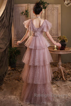 Dark Pink Shiny Tulle Short Sleeves Prom Dresses Beaded Pink Tulle Prom Dresses