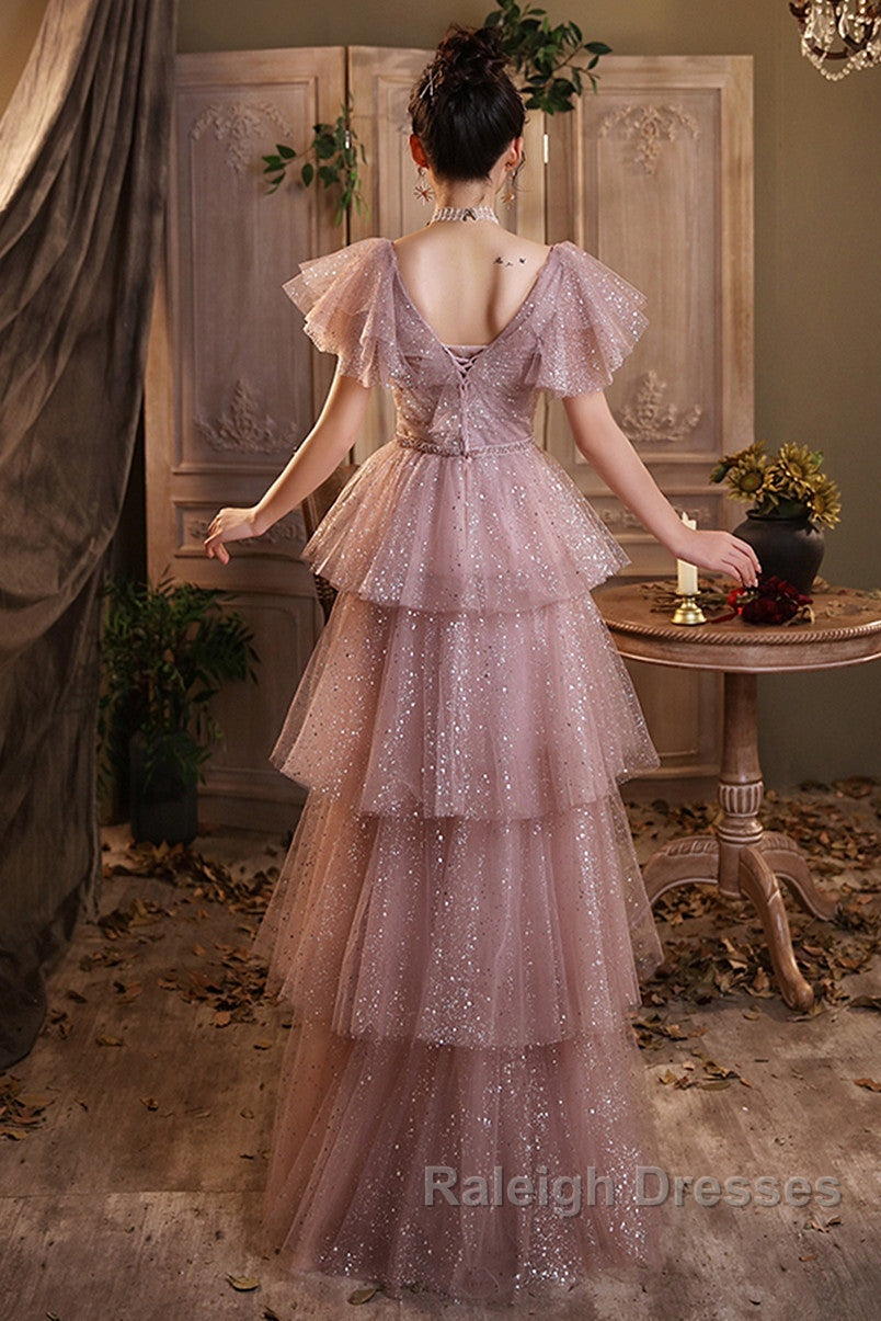 Dark Pink Shiny Tulle Short Sleeves Prom Dresses Beaded Pink Tulle Prom Dresses