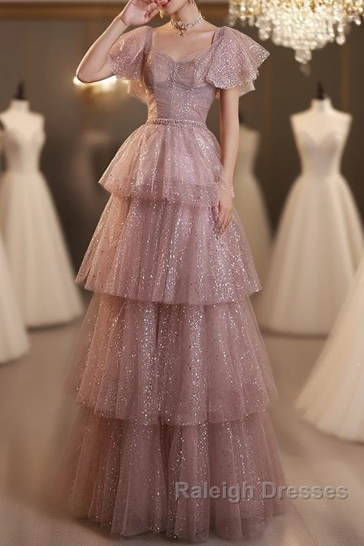 Dark Pink Shiny Tulle Short Sleeves Party Dress, Beaded Pink Tulle Prom Dress Main image