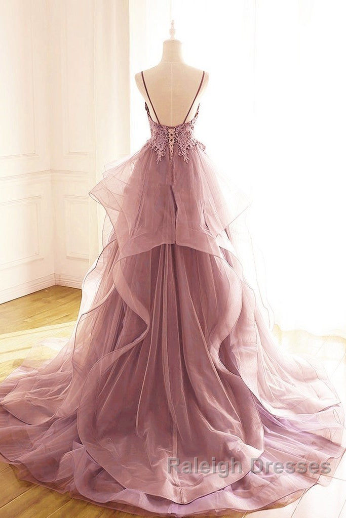 Dark Pink V-Neck Tulle Lace Prom Dresses Spaghetti Strap Prom Dresses Ruffle A-Line Prom Dresses Secondary image