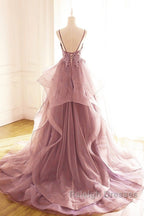 Dark Pink V-Neck Tulle Lace Prom Dresses Spaghetti Strap Prom Dresses Ruffle A-Line Prom Dresses
