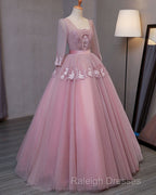 Dark Pink V-Neckline Ball Gown Lace Applique Sweet 16 Dress, Pink Prom Dress Party Dress
