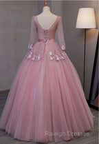 Dark Pink V-Neckline Ball Gown Lace Applique Sweet 16 Dress, Pink Prom Dress Party Dress