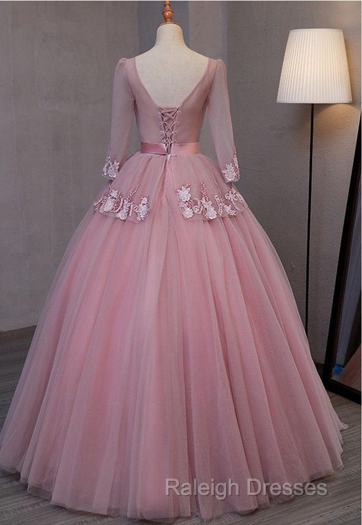 Dark Pink V-Neckline Ball Gown Lace Applique Sweet 16 Dress, Pink Prom Dress Party Dress