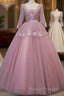 Dark Pink V-Neckline Ball Gown Lace Applique Sweet 16 Dress, Pink Prom Dress Party Dress