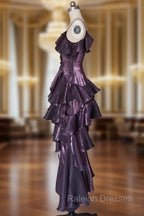 Dark Purple Asymmetrical Layered Flounce Spaghetti Strap Dress Evening Gown